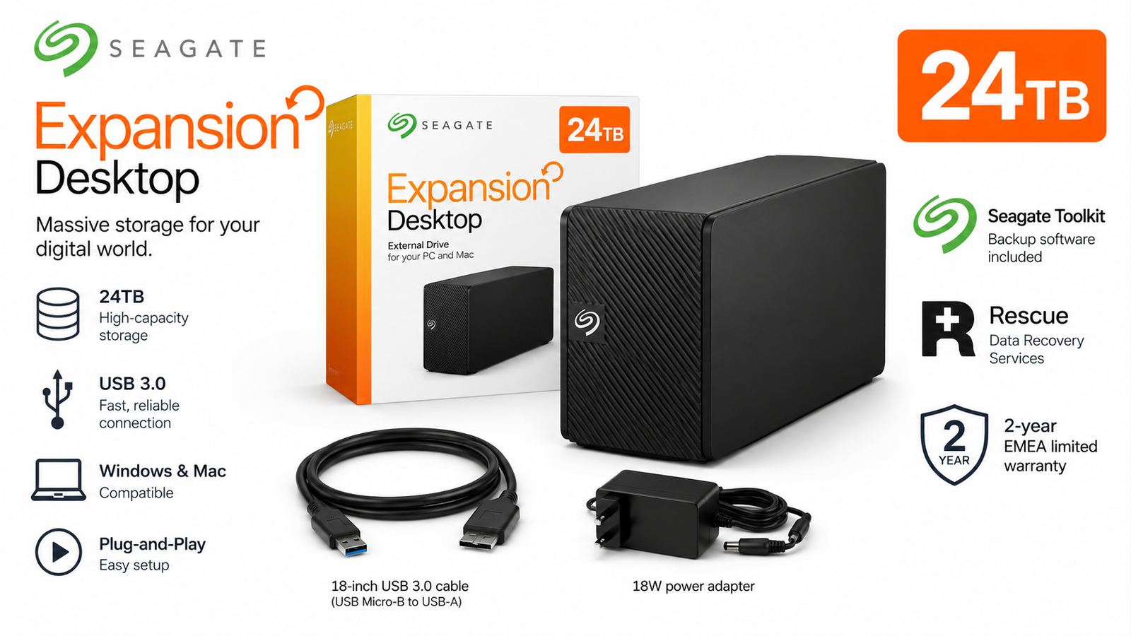 Seagate Expansion Desktop 24TB External Hard Drive with Rescue Data Recovery Services, USB 3.0, Black | STKP24000400